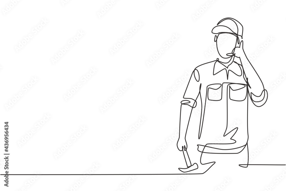 Poster continuous one line drawing carpenter with call me gesture works in workshop making wooden products.