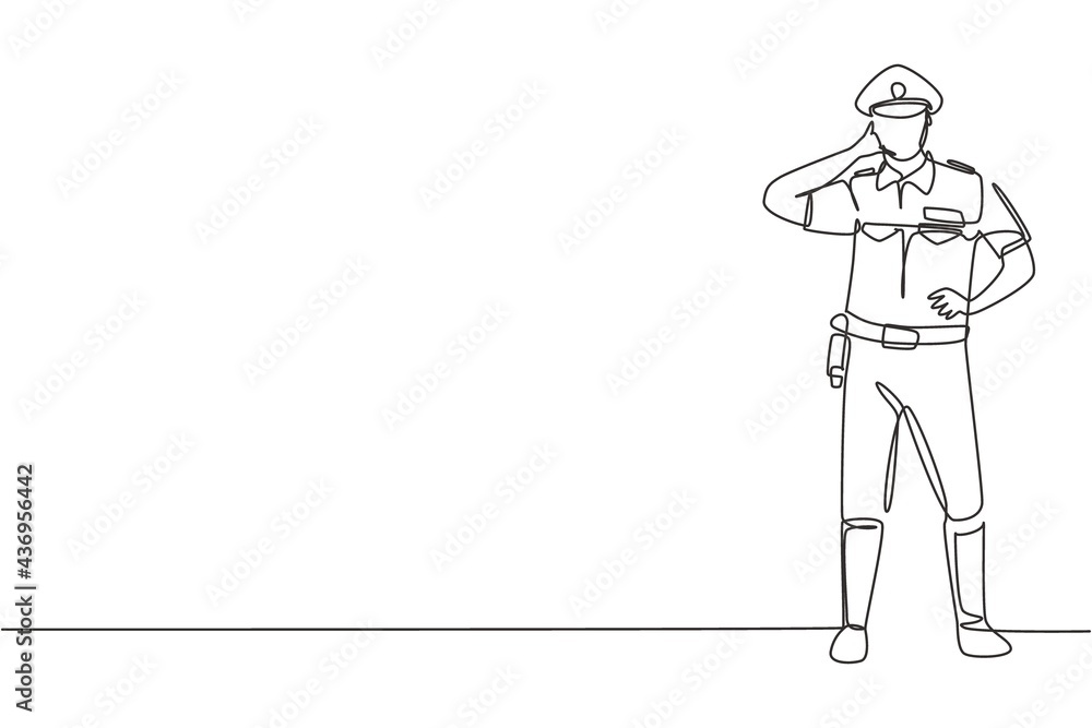 Poster continuous one line drawing policeman standing with call me gesture and full uniform works to contro