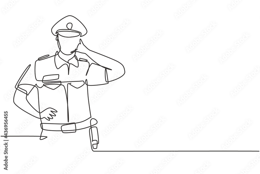 Poster single continuous line drawing policeman with call me gesture and uniform is ready to enforce traffi