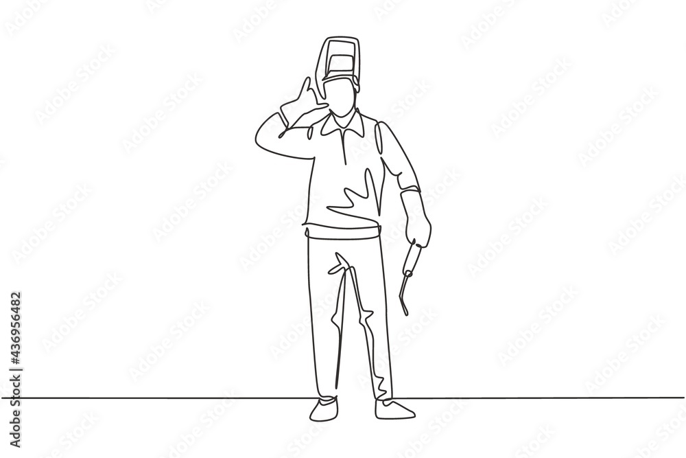 Aufkleber single one line drawing welder stands with call me gesture and face shield removed ready to work in 