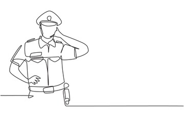 Single continuous line drawing policeman with call me gesture and uniform is ready to enforce traffic discipline on highway. Standby patrol. Dynamic one line draw graphic design vector illustration