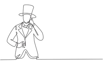 Obraz premium Continuous one line drawing magician with call me gesture wearing hat and holding magic stick ready to entertain audience at television show. Single line draw design vector graphic illustration