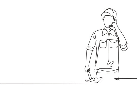 Continuous one line drawing carpenter with call me gesture works in workshop making wooden products. Skills in using carpentry tools. Success job. Single line draw design vector graphic illustration