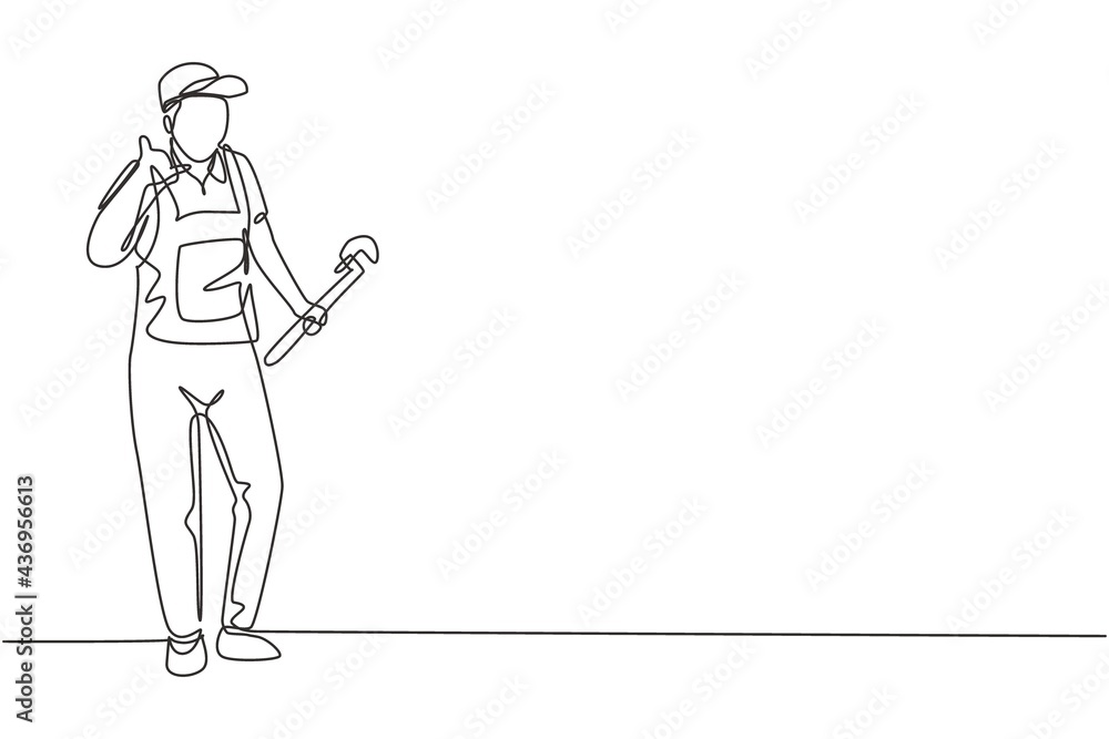 Poster single one line drawing plumber stands with call me gesture and holding carpentry tool fixing broken