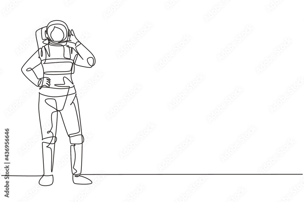 Poster single continuous line drawing female astronaut stands with call me gesture wearing spacesuit explor