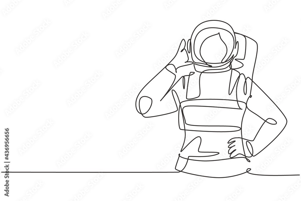 Poster single one line drawing female astronaut with call me gesture wearing spacesuits to explore outer sp