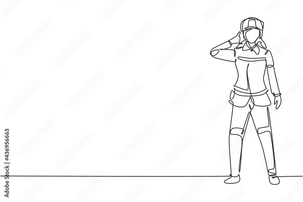 Poster single continuous line drawing female firefighter stood with call me gesture, wearing helmet and uni