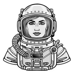 Animation portrait of the young attractive woman  astronaut in a space suit. Vector illustration isolated on a white background. Monochrome drawing. Print, poster, t-shirt, card.