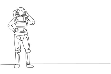 Single continuous line drawing female astronaut stands with call me gesture wearing spacesuit exploring earth, moon, other planets in universe. Dynamic one line draw graphic design vector illustration