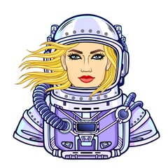 Animation portrait of the young attractive woman of the astronaut in a  open space suit. Vector illustration isolated on a white background. Print, poster, t-shirt, card.