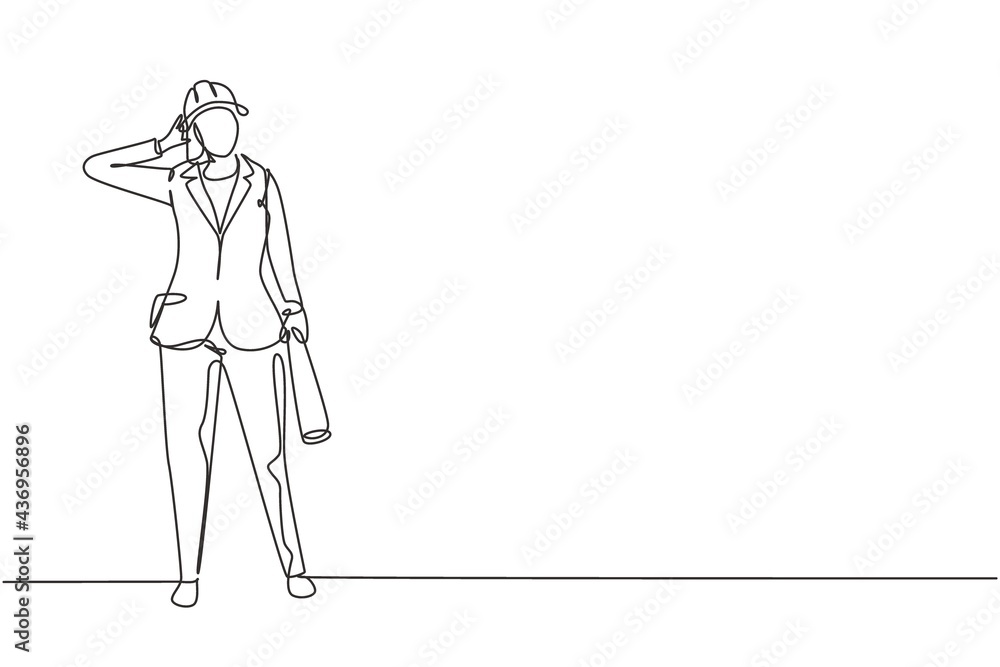Poster single continuous line drawing female architect stood with call me gesture and wearing helmet carryi