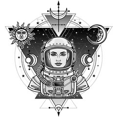 Animation portrait of the woman astronaut in a space suit.Background - the star sky, sacred geometry, symbols of the moon and the sun.Vector illustration isolated. Print, poster, t-shirt, card.