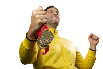 male athlete smiling after winning a gold medal in a white background