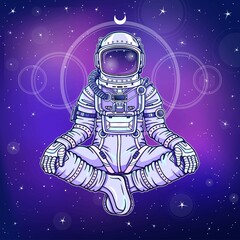 Animation figure of the astronaut sitting in Buddha pose. Meditation in space. Color drawing. Background - the night star sky. Vector illustration. Print, poster, t-shirt, card.