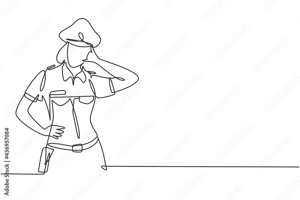 Poster single one line drawing policewoman with call me gesture and full uniform is ready to enforce traffi