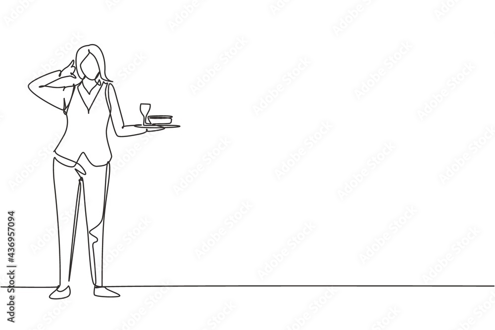 Poster single continuous line drawing waitress stood up with call me gesture and brought tray of drinking g