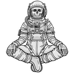 Animation figure of the astronaut skeleton sitting in Buddha pose. Meditation in space. Monochrome drawing. Vector illustration isolated on a white background. Print, poster, t-shirt, card.