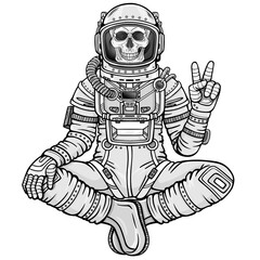 Animation figure of the astronaut skeleton sitting in Buddha pose. Meditation in space. Monochrome drawing. Vector illustration isolated on a white background. Print, poster, t-shirt, card.