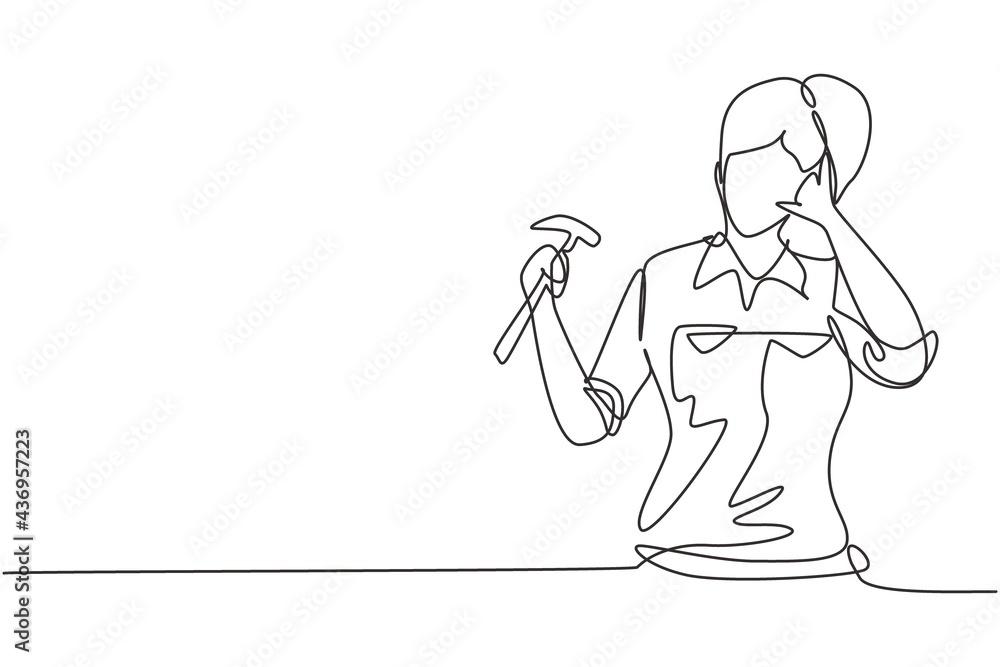 Aufkleber continuous one line drawing female carpenter with call me gesture works in her workshop making woode