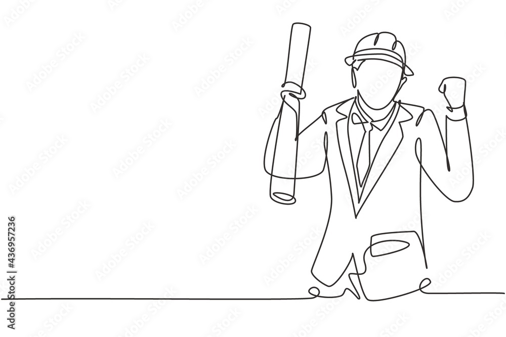 Poster continuous one line drawing architect with celebrate gesture and wearing helmet carried building con