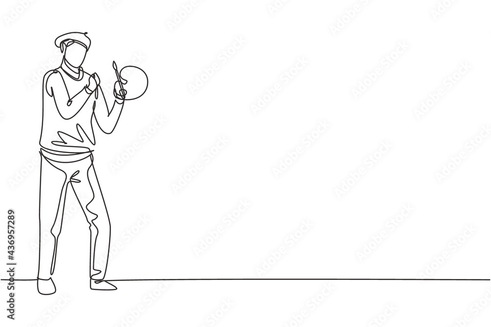 Poster single one line drawing painter stands with celebrate gesture using a hat and painting tools to prod