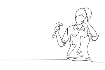 Continuous one line drawing female carpenter with call me gesture works in her workshop making wooden products. Skills in using carpentry tools. Single line draw design vector graphic illustration