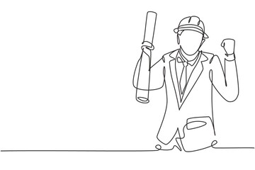 Continuous one line drawing architect with celebrate gesture and wearing helmet carried building construction drawing paper. Successful business. Single line draw design vector graphic illustration