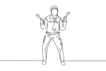 Single one line drawing mechanic stands up with celebrate gesture and holding wrench to perform maintenance vehicle engine. Success job. Modern continuous line draw design graphic vector illustration