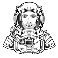 Animation portrait of the young attractive man of the astronaut in a space suit. Vector illustration isolated on a white background.  Be use for coloring booke. Print, poster, t-shirt, card.