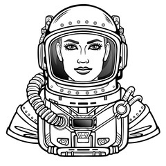 Animation portrait of the young attractive woman of the astronaut in a space suit. Vector illustration isolated on a white background.  Be use for coloring booke. Print, poster, t-shirt, card.