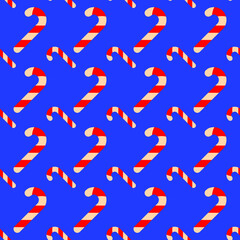 Candy cane on a blue background, texture for design, seamless pattern, vector illustration