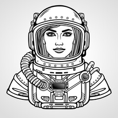 Animation portrait of the young attractive woman of the astronaut in a space suit. Vector illustration isolated on a grey background.  Be use for coloring booke. Print, poster, t-shirt, card.