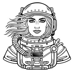 Animation portrait of the young attractive woman astronaut in a space suit. Helmet is open, hair flutter. Vector illustration isolated.  Be use for coloring booke. Print, poster, t-shirt, card.