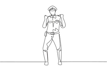 Single one line drawing policeman standing with celebrate gesture and full uniform works control vehicle traffic highway. Standby patrol. Modern continuous line draw design graphic vector illustration
