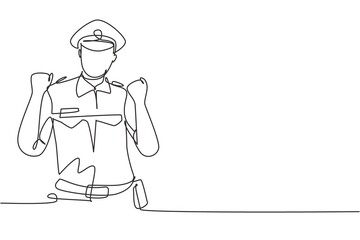 Continuous one line drawing policeman with celebrate gesture and full uniform is ready to enforce traffic discipline on highway. Standby on patrol. Single line draw design vector graphic illustration