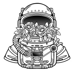Space helmet of the astronaut is filled in flowers roses.  Linear monochrome drawing. Vector illustration isolated on a white background. Print, poster, t-shirt, card.