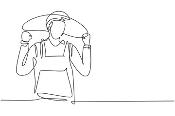 Single one line drawing farmer with celebrate gesture wearing straw hat and farm uniform to work on the farm. Success business concept. Modern continuous line draw design graphic vector illustration