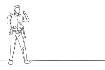 Single one line drawing handyman stands with celebrate gesture and tools such as pliers, screwdriver, hammer that is placed on his work shirt. Continuous line draw design graphic vector illustration