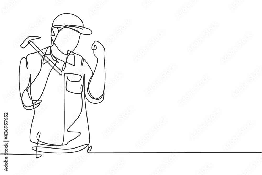 Poster single continuous line drawing carpenter with celebrate gesture works in his workshop making wooden 