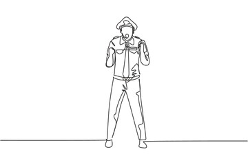 Fototapeta premium Continuous one line drawing pilot stands with celebrate gesture and complete uniform serves airplane passengers fly to destination. Success person. Single line draw design vector graphic illustration