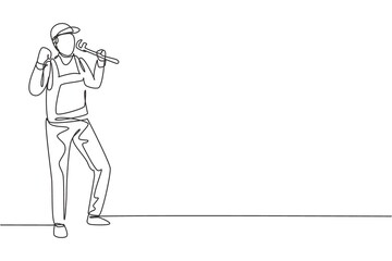 Single one line drawing plumber stands with celebrate gesture and holding carpentry tool fixing broken plumbing home. Success business. Modern continuous line draw design graphic vector illustration