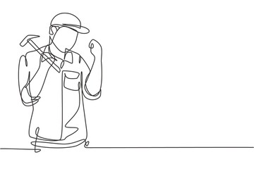 Single continuous line drawing carpenter with celebrate gesture works in his workshop making wooden products. Skills in using carpentry tools. Dynamic one line draw graphic design vector illustration