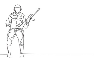 Continuous one line drawing soldier stands with weapon, full uniform, and celebrate gesture serving the country with strength of military forces. Single line draw design vector graphic illustration