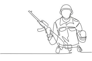 Continuous one line drawing soldier with weapon, full uniform, and celebrate gesture is ready to defend the country on battlefield against enemy. Single line draw design vector graphic illustration