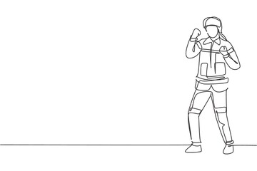 Single one line drawing firefighter stood with celebrate gesture, wearing helmet and full uniform work to extinguish fire at building. Modern continuous line draw design graphic vector illustration