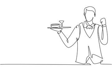 Single continuous line drawing waiter with celebrate gesture and brought a tray of drinking glasses serving visitors at cafeteria. Success job. Dynamic one line draw graphic design vector illustration