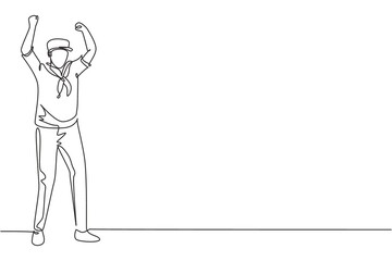 Single continuous line drawing sailor man stands with celebrate gesture and scarf join cruise ship carrying passengers traveling across seas. Dynamic one line draw graphic design vector illustration
