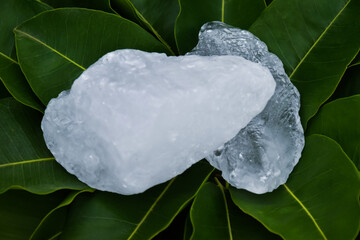 Alum cubes on leaves background, concept for herb, bodycare, skincare, waterclear and protect...