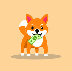 Shiba Inu Dog Biting Dollar