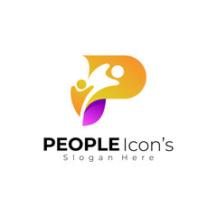 Letter P logo with people design vector, people icons
